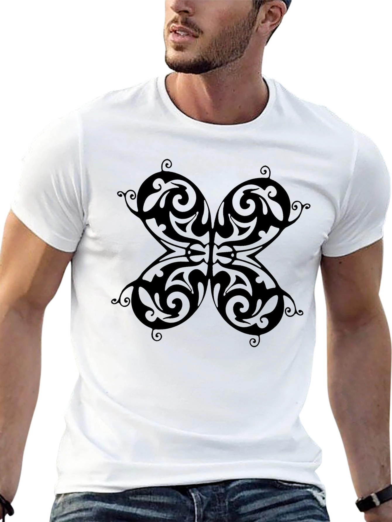 Butterfly Patterned Black T-Shirt