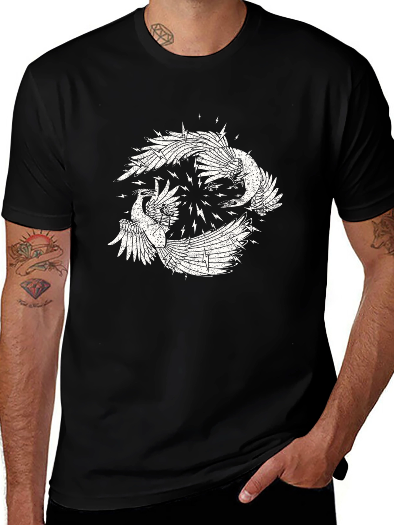 Black Graphic Tee with Bird Design