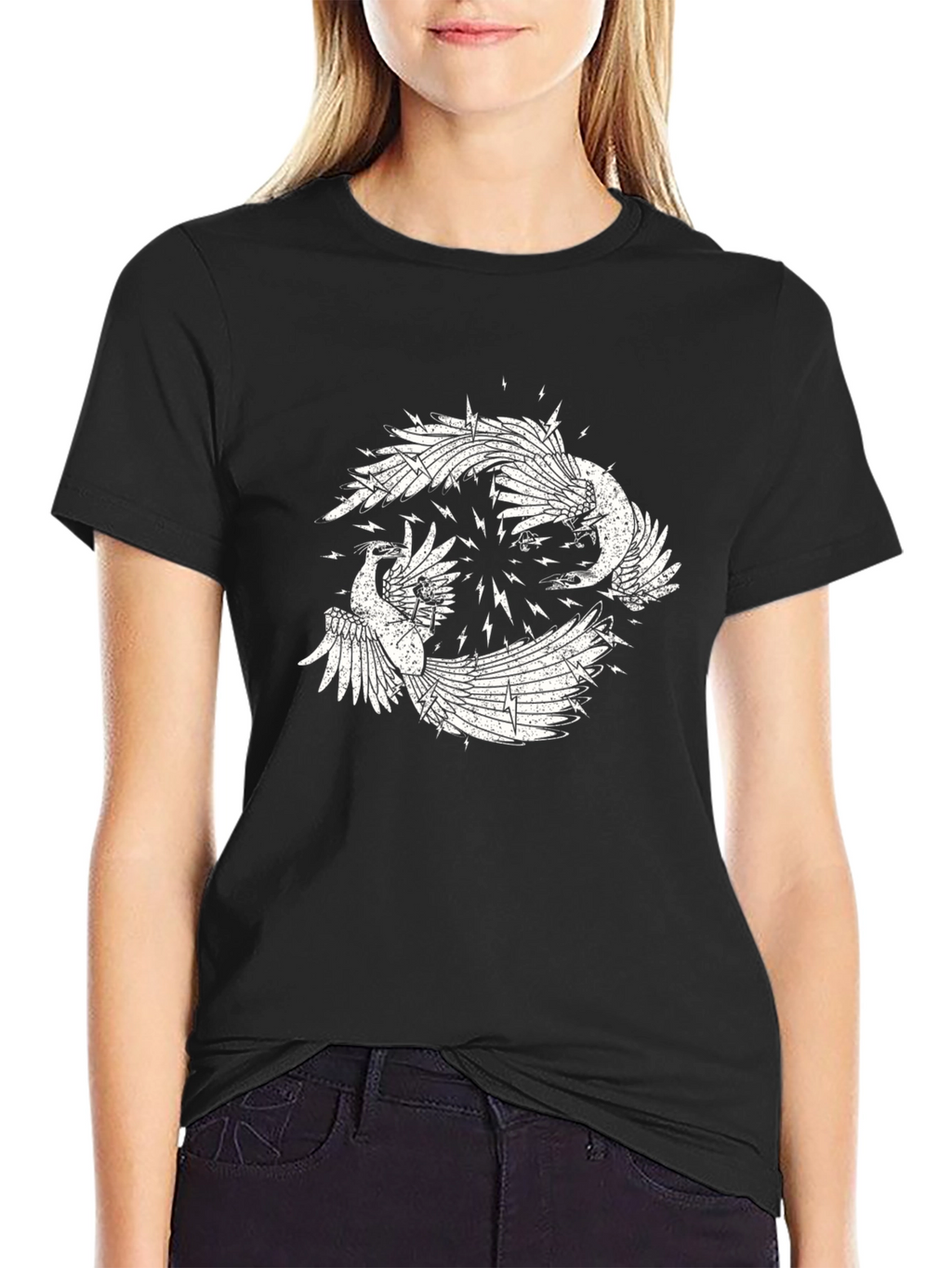 Black Graphic Tee with Bird Design