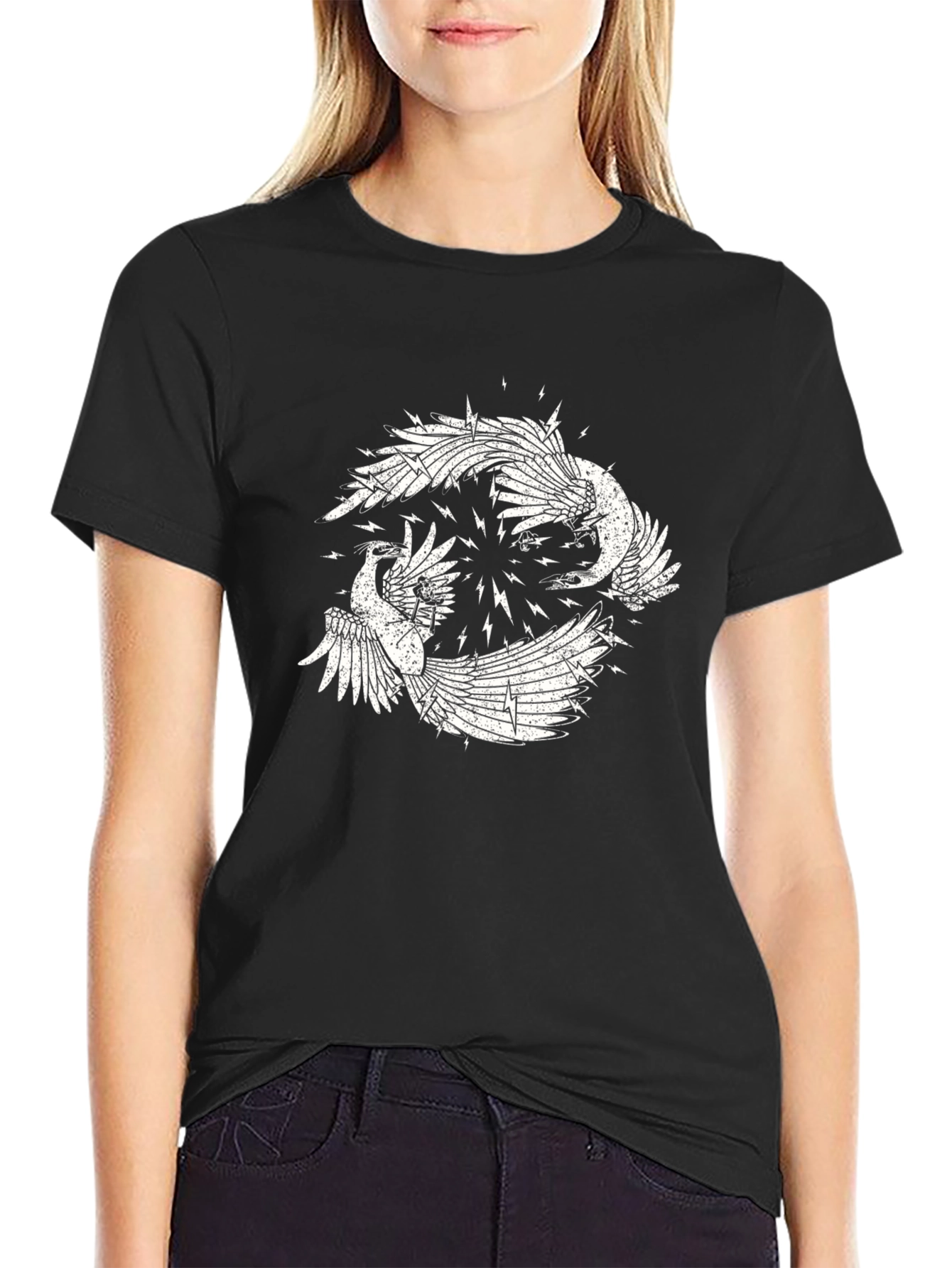 Black Graphic Tee with Bird Design