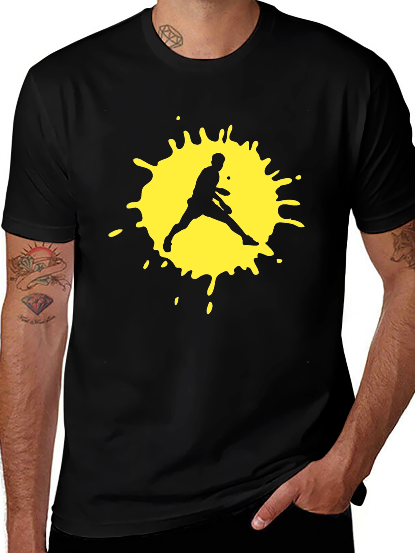 Black T-Shirt with Yellow Tennis Player Graphic