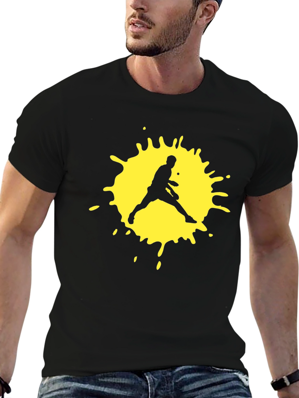 Black T-Shirt with Yellow Tennis Player Graphic
