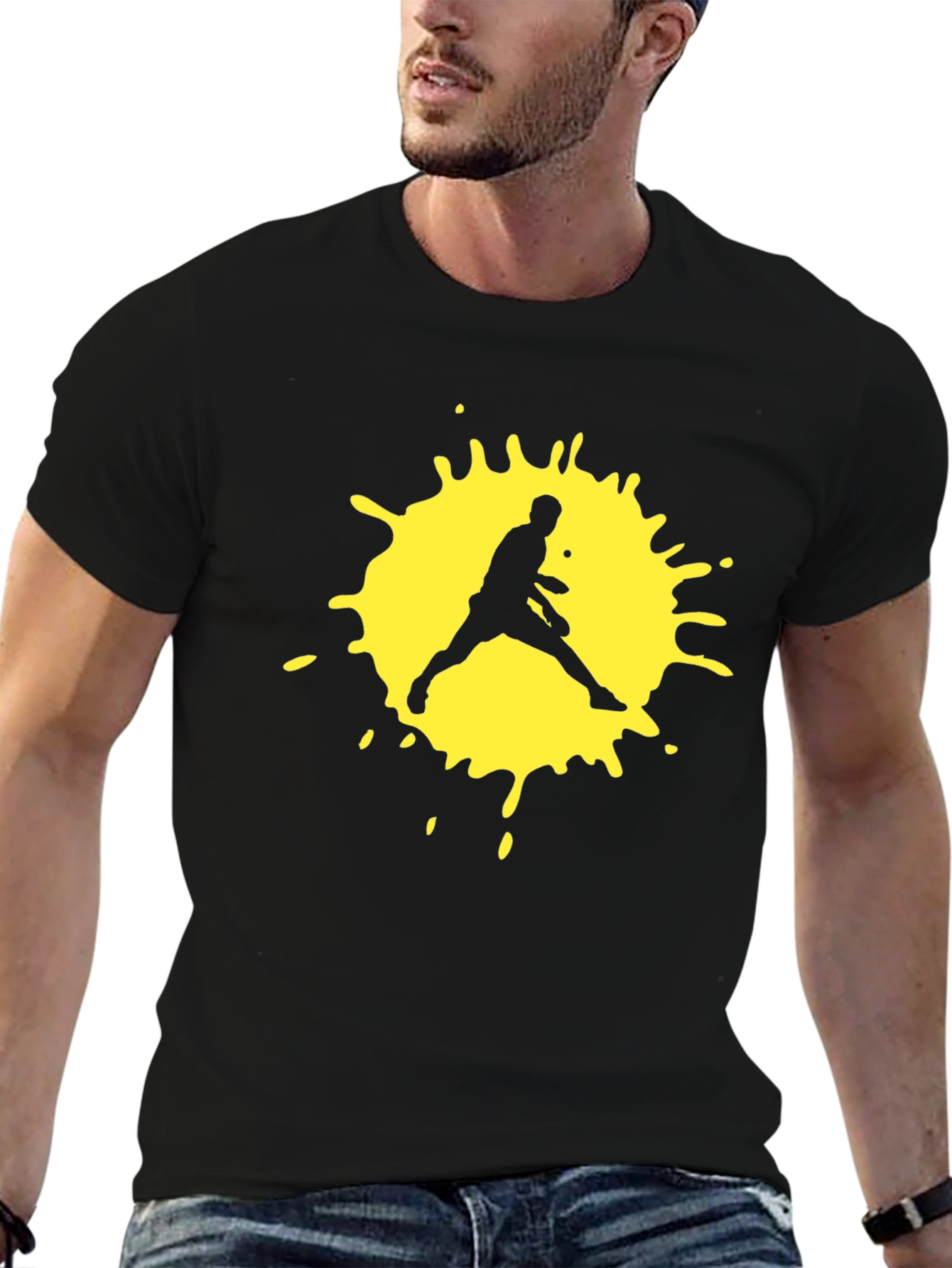 Black T-Shirt with Yellow Tennis Player Graphic