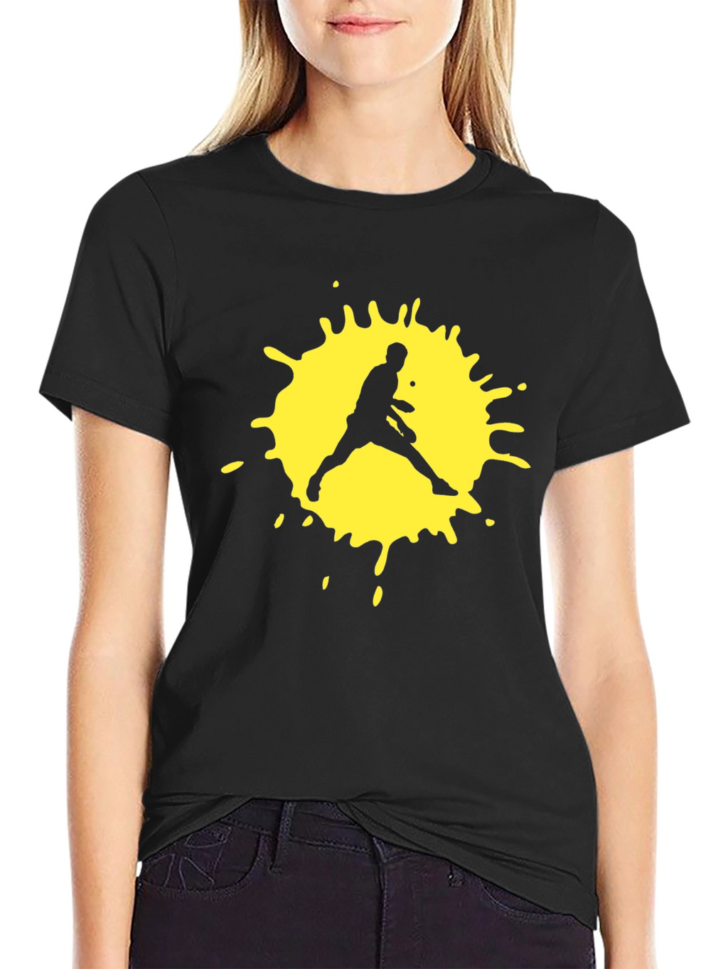 Black T-Shirt with Yellow Tennis Player Graphic