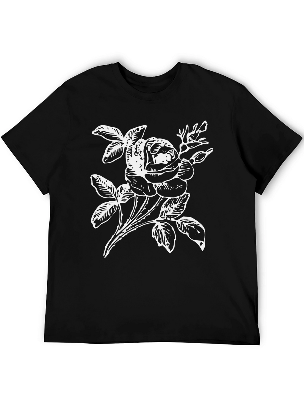 Black T-Shirt with White Rose Graphic