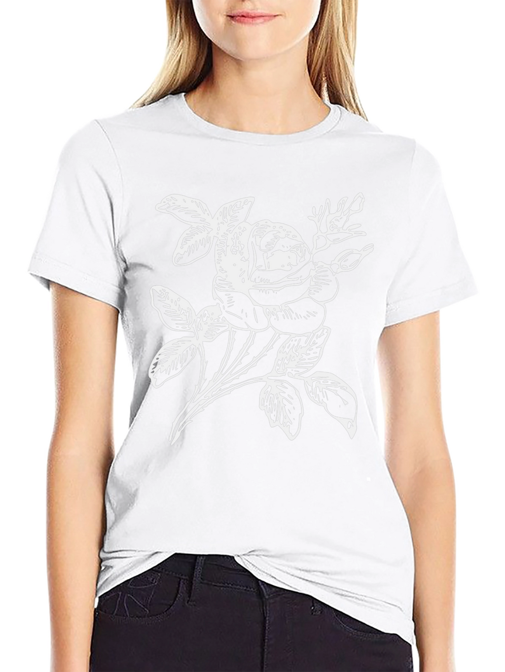 Black T-Shirt with White Rose Graphic