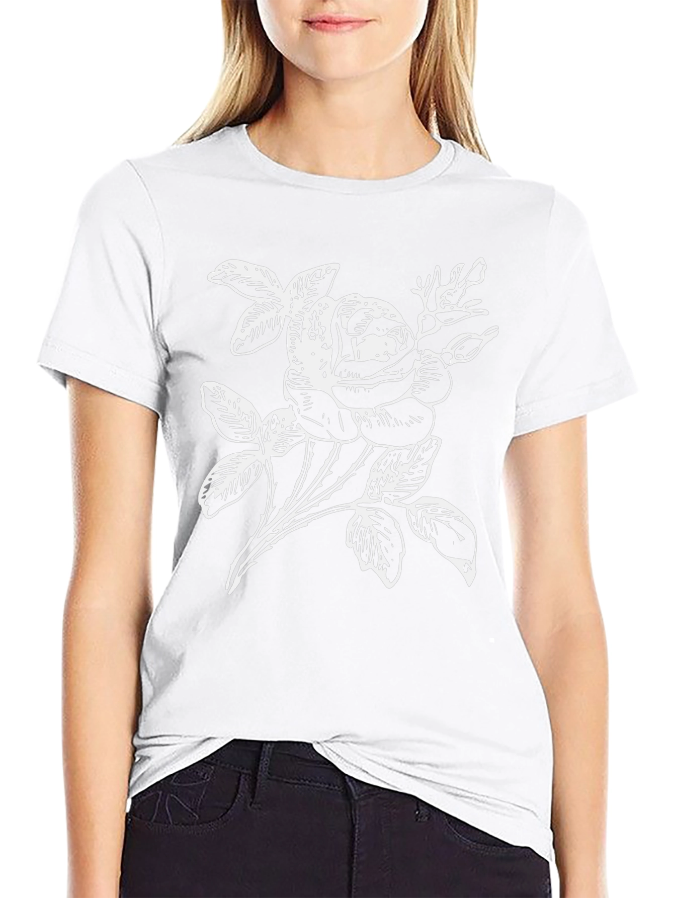 Black T-Shirt with White Rose Graphic