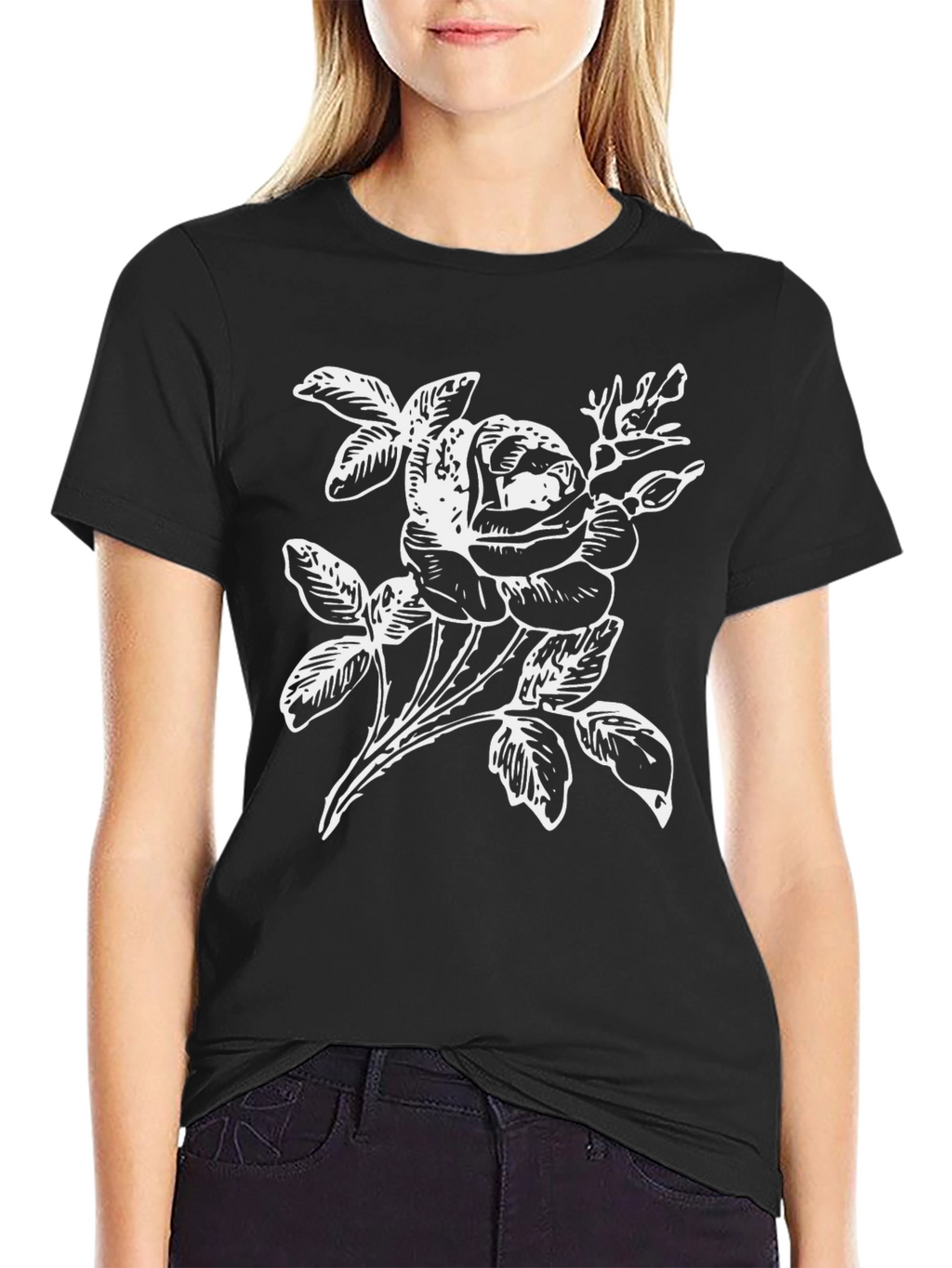 Black T-Shirt with White Rose Graphic