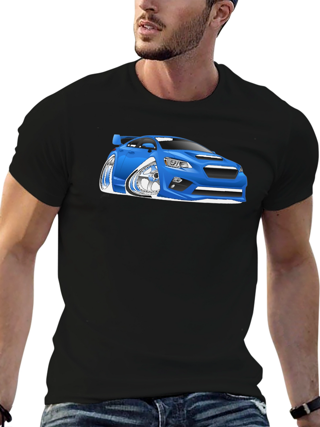 Blue Car Cartoon Graphic Black T-Shirt