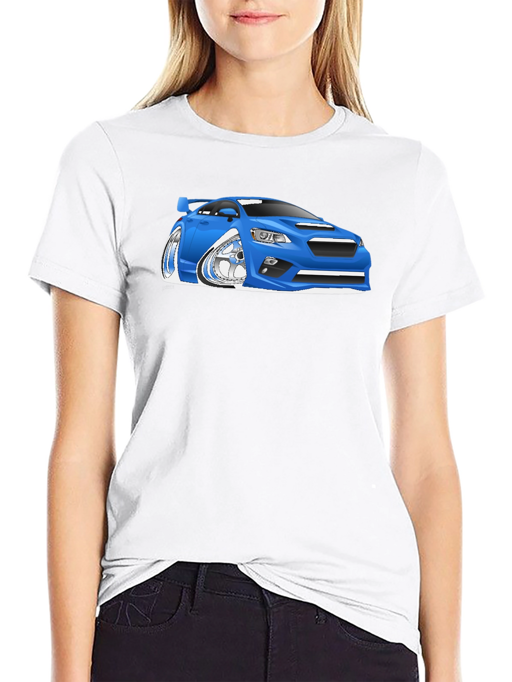 Blue Car Cartoon Graphic Black T-Shirt