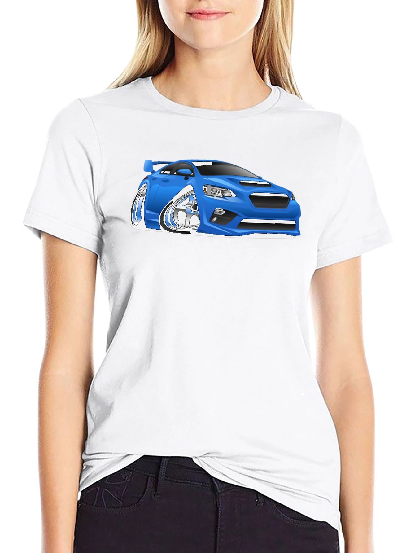 Blue Car Cartoon Graphic Black T-Shirt
