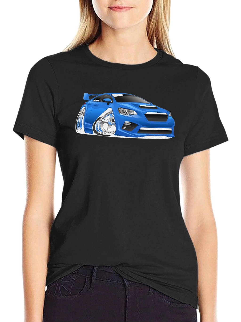 Blue Car Cartoon Graphic Black T-Shirt