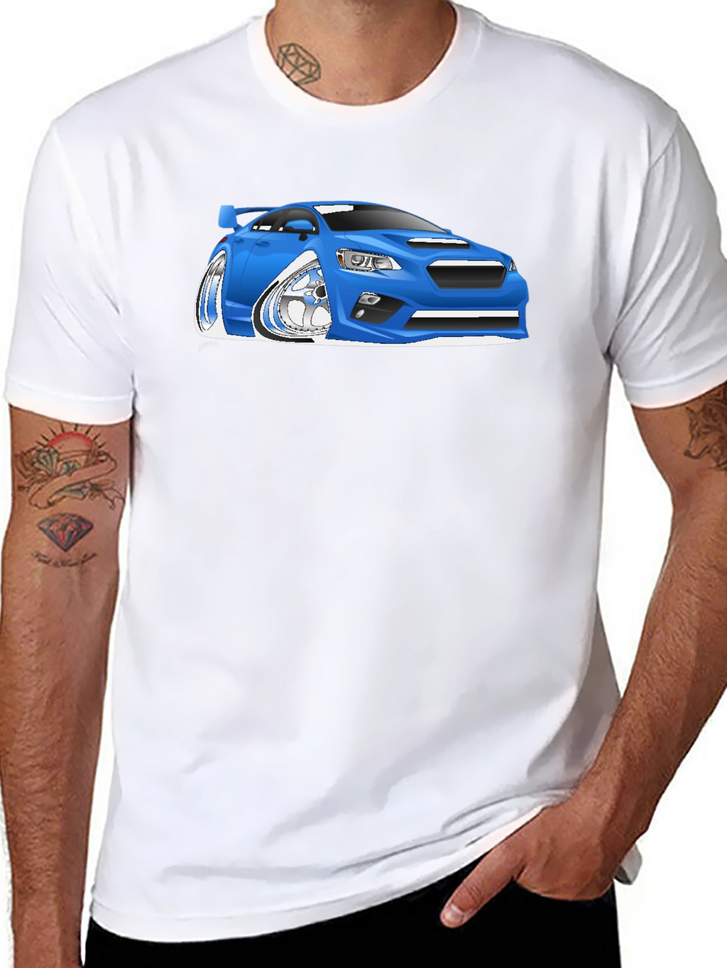 Blue Car Cartoon Graphic Black T-Shirt