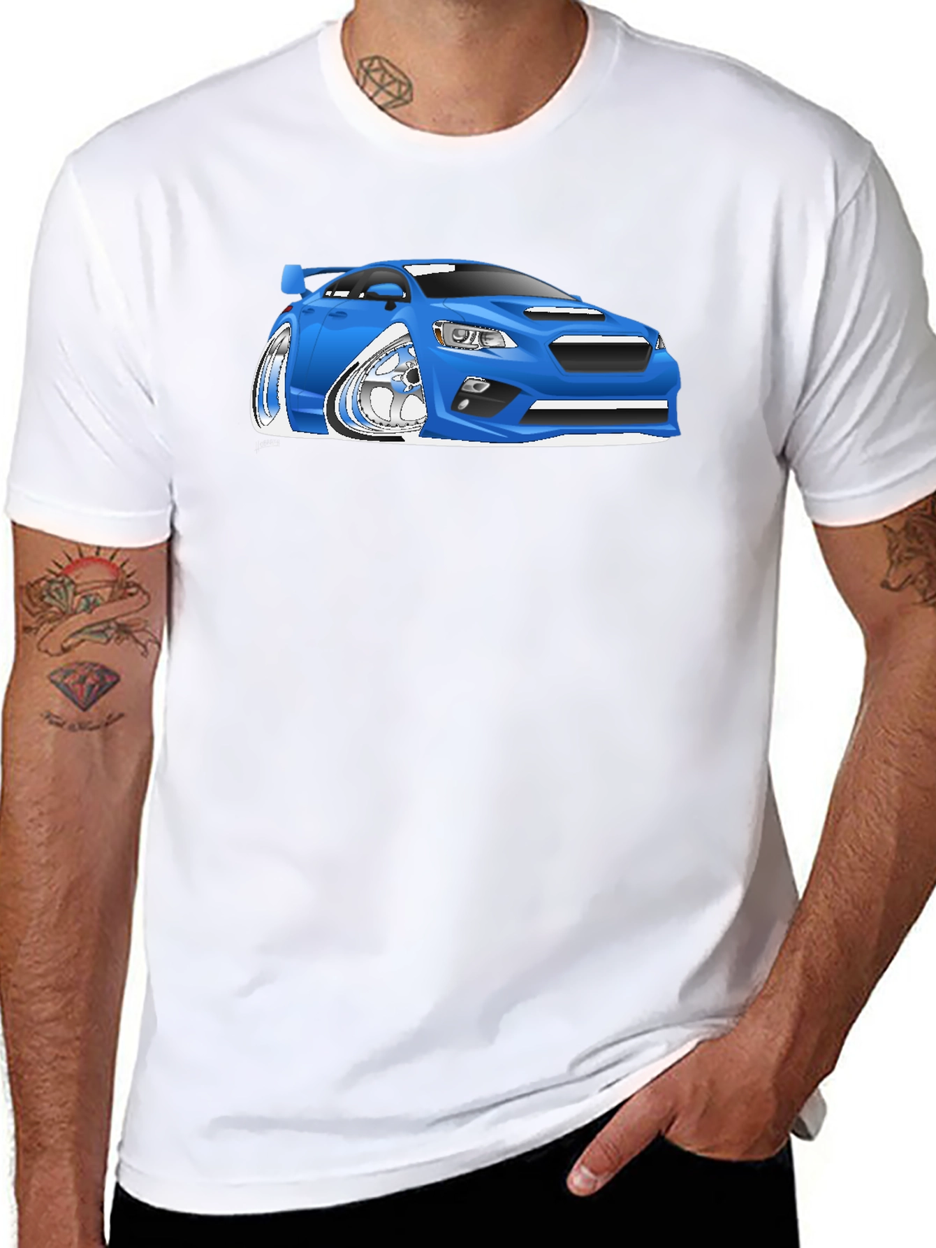 Blue Car Cartoon Graphic Black T-Shirt