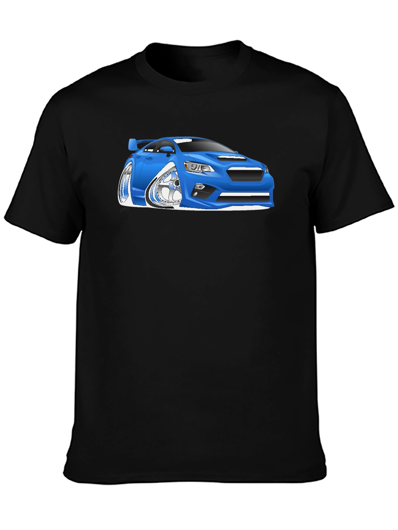 Blue Car Cartoon Graphic Black T-Shirt