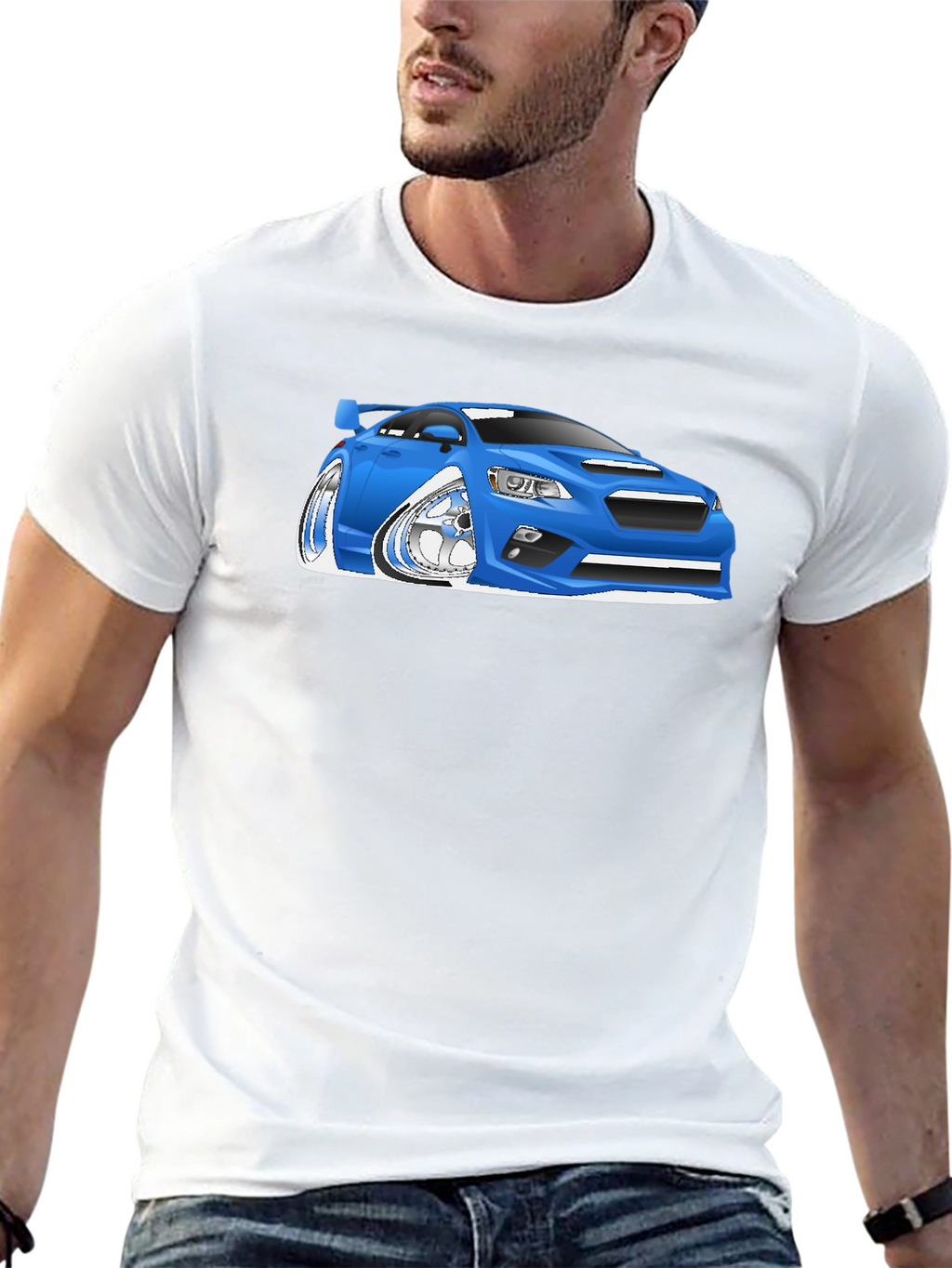 Blue Car Cartoon Graphic Black T-Shirt
