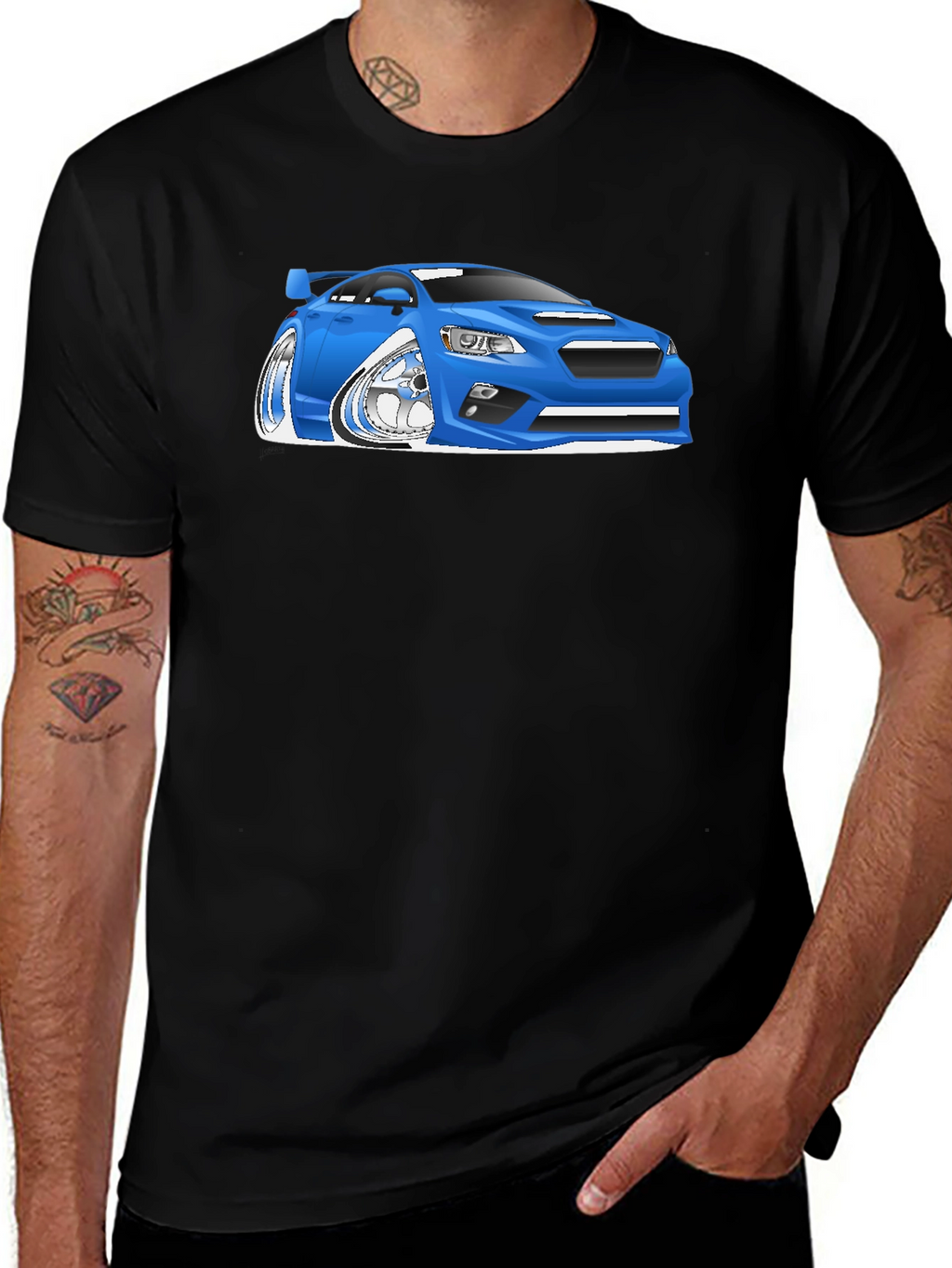 Blue Car Cartoon Graphic Black T-Shirt
