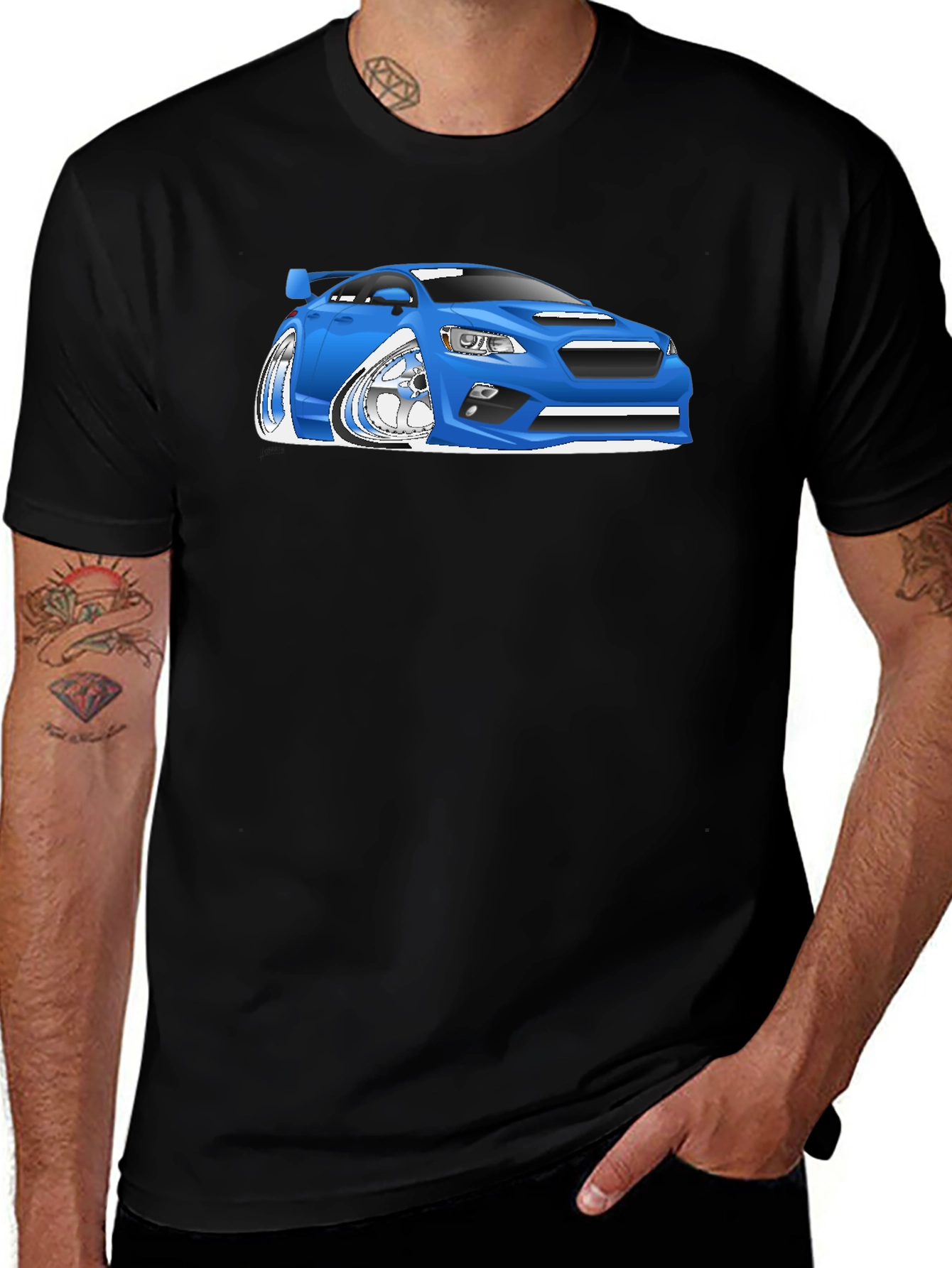 Blue Car Cartoon Graphic Black T-Shirt