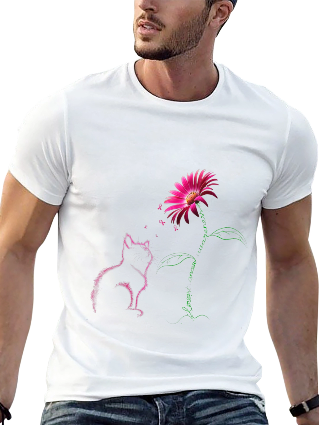 Breast Cancer Awareness Cat & Flower Graphic Tee
