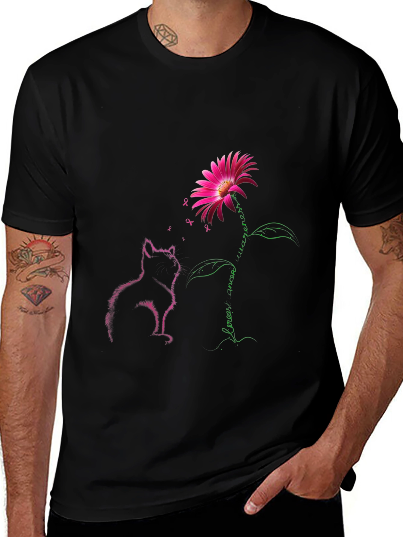 Breast Cancer Awareness Cat & Flower Graphic Tee