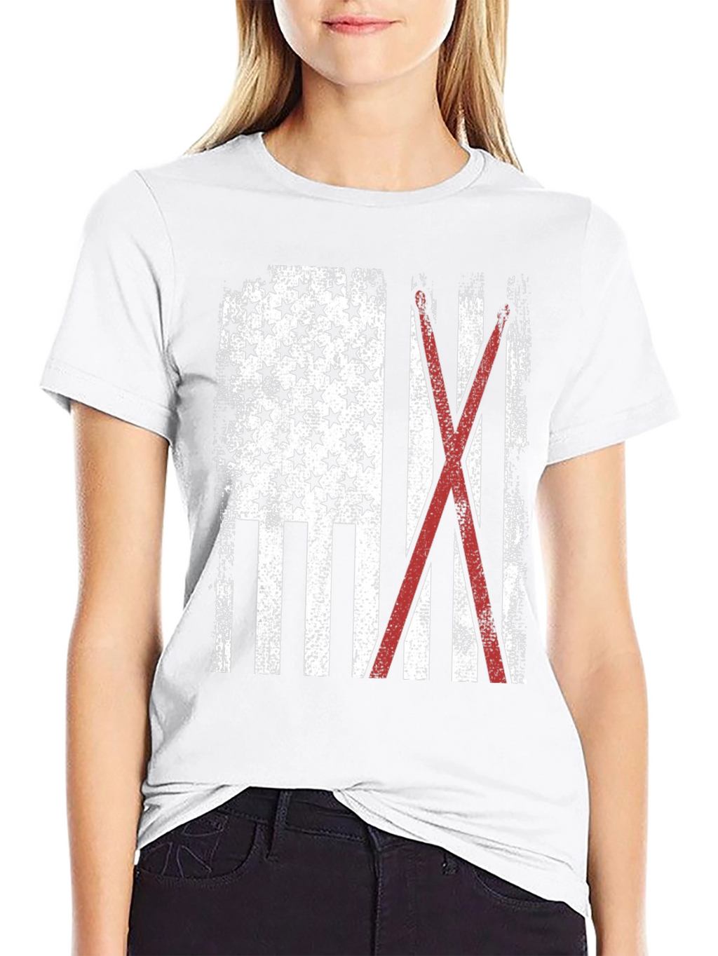 American Flag with Crossed Red Drumsticks Tee