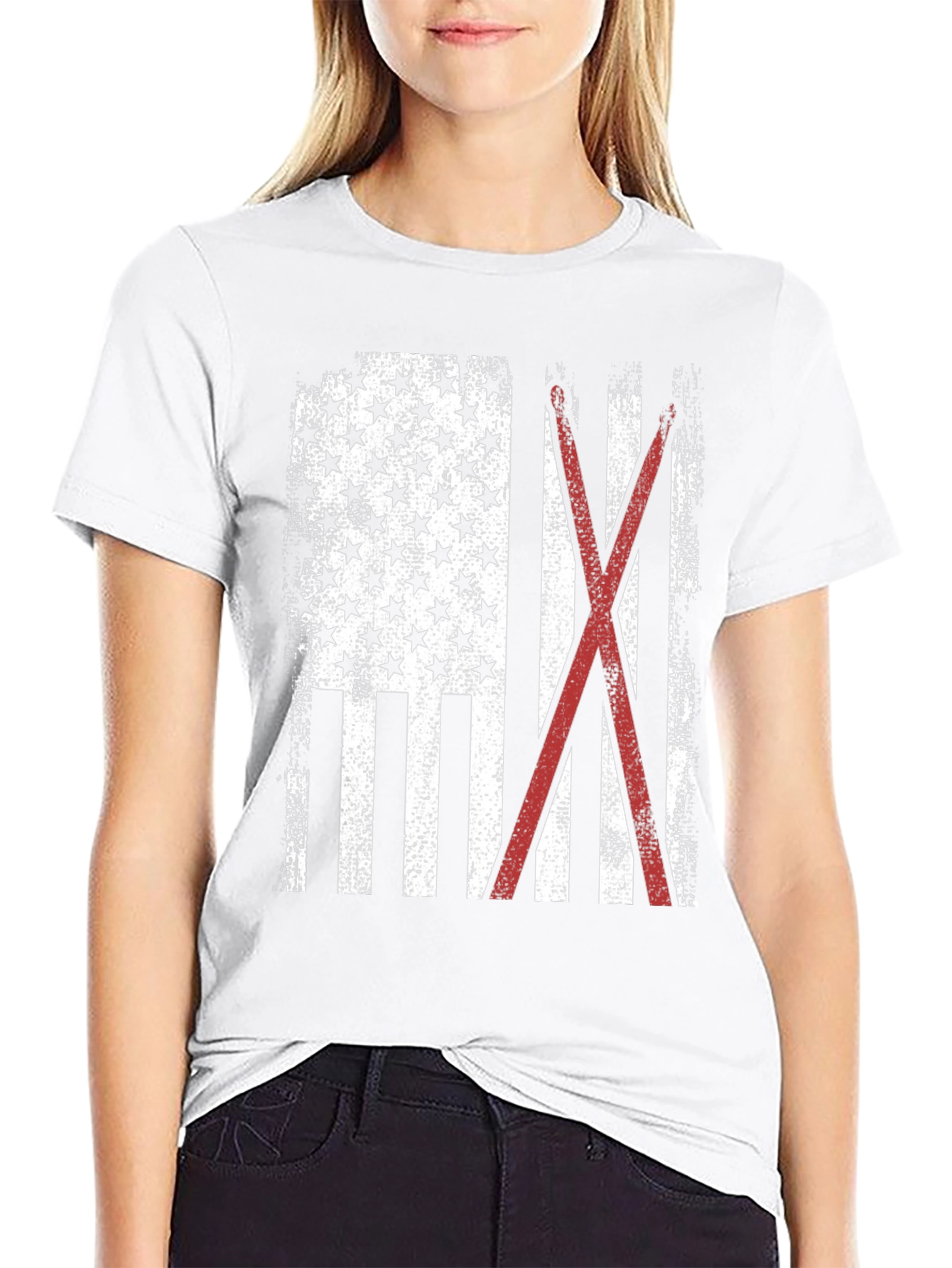 American Flag with Crossed Red Drumsticks Tee