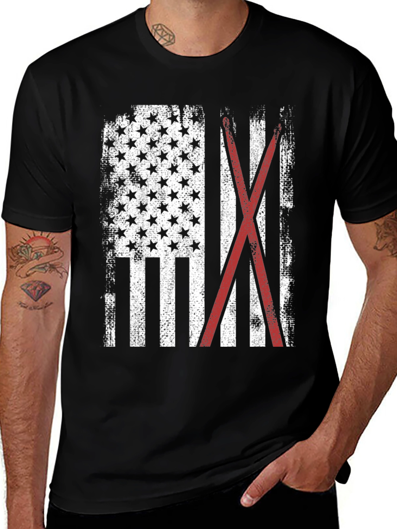 American Flag with Crossed Red Drumsticks Tee