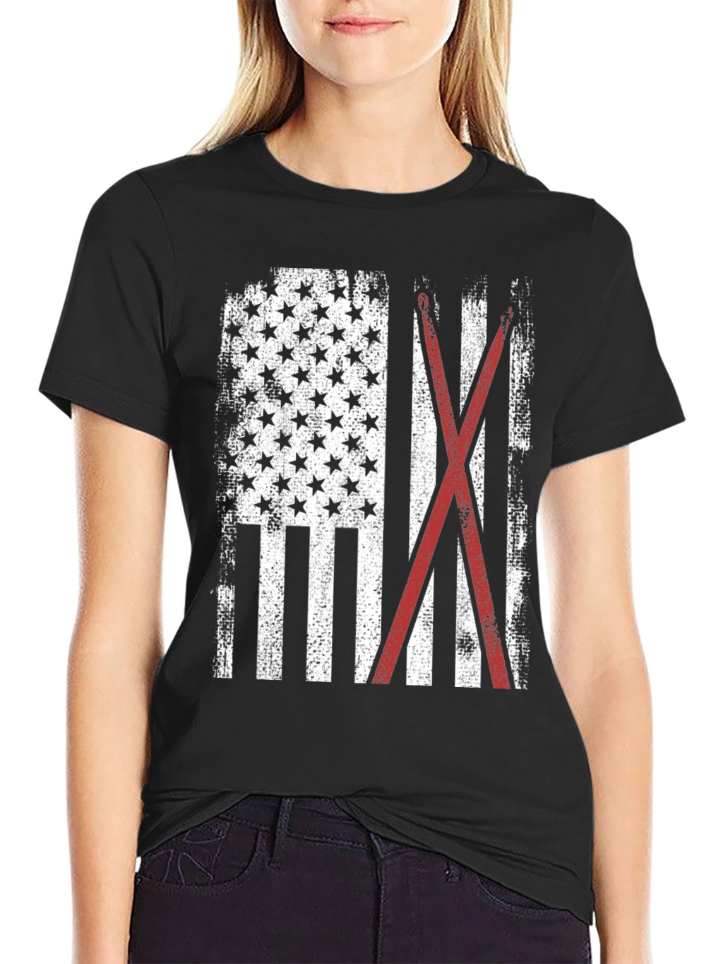 American Flag with Crossed Red Drumsticks Tee