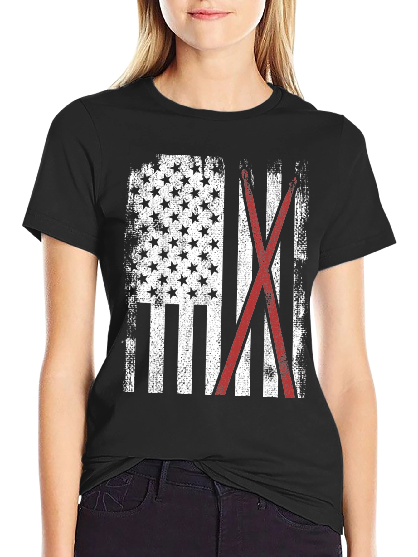 American Flag with Crossed Red Drumsticks Tee