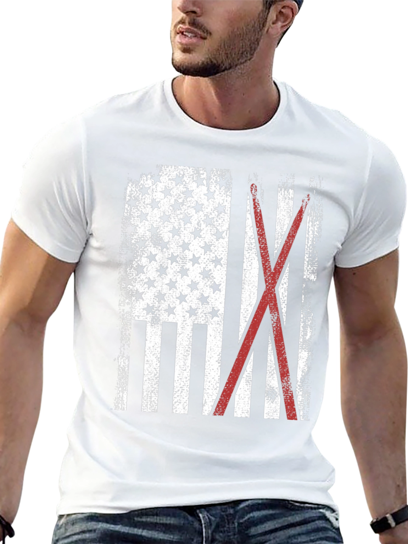 American Flag with Crossed Red Drumsticks Tee