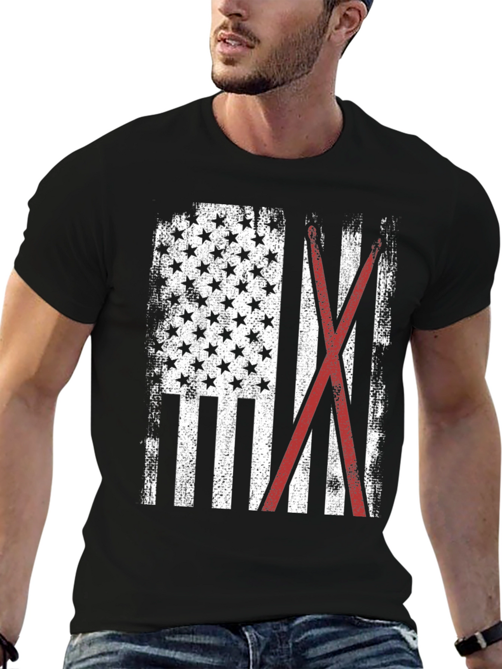 American Flag with Crossed Red Drumsticks Tee