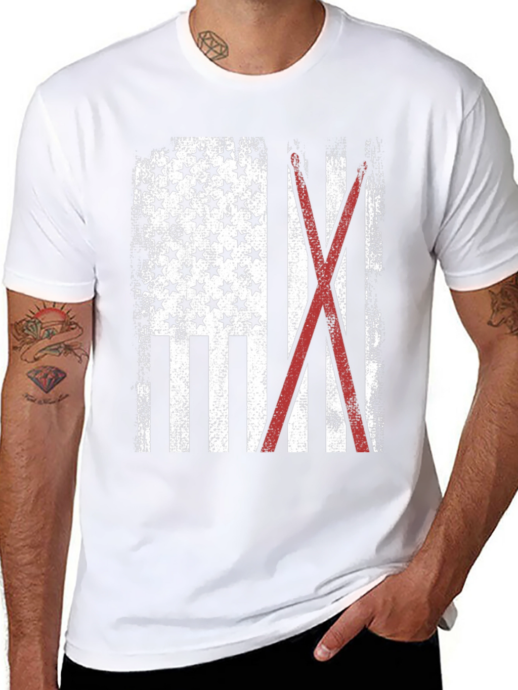 American Flag with Crossed Red Drumsticks Tee