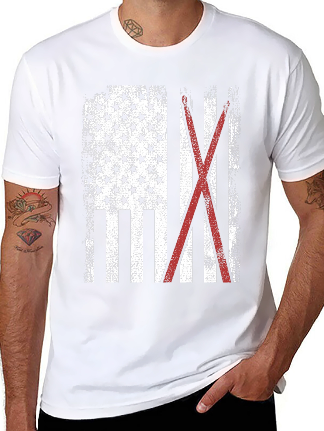 American Flag with Crossed Red Drumsticks Tee