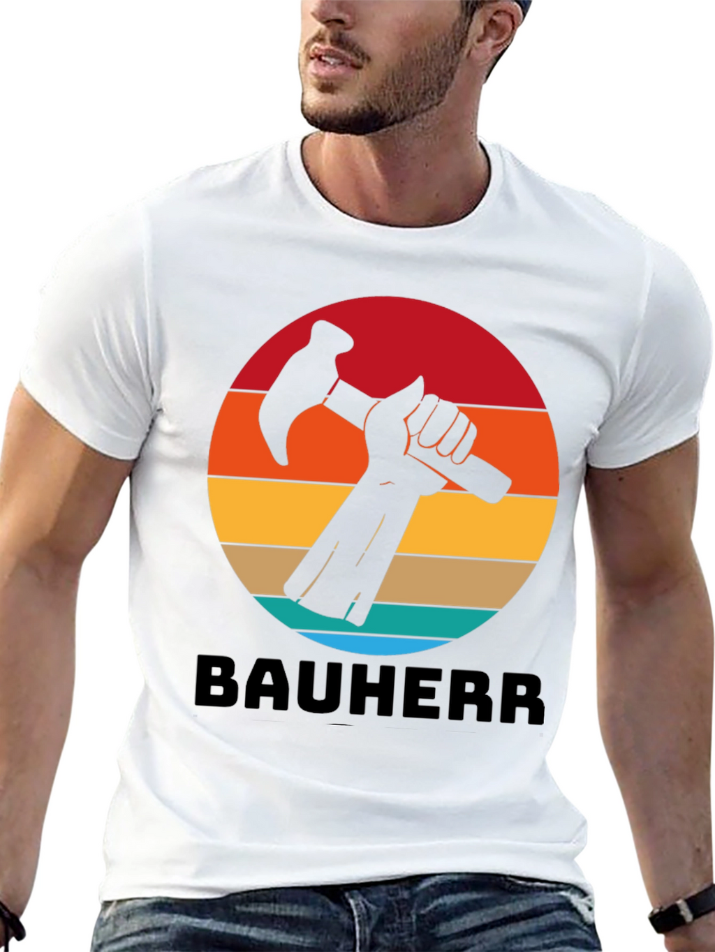 Bauherr T-Shirt - Retro Sunset Hammer Design
