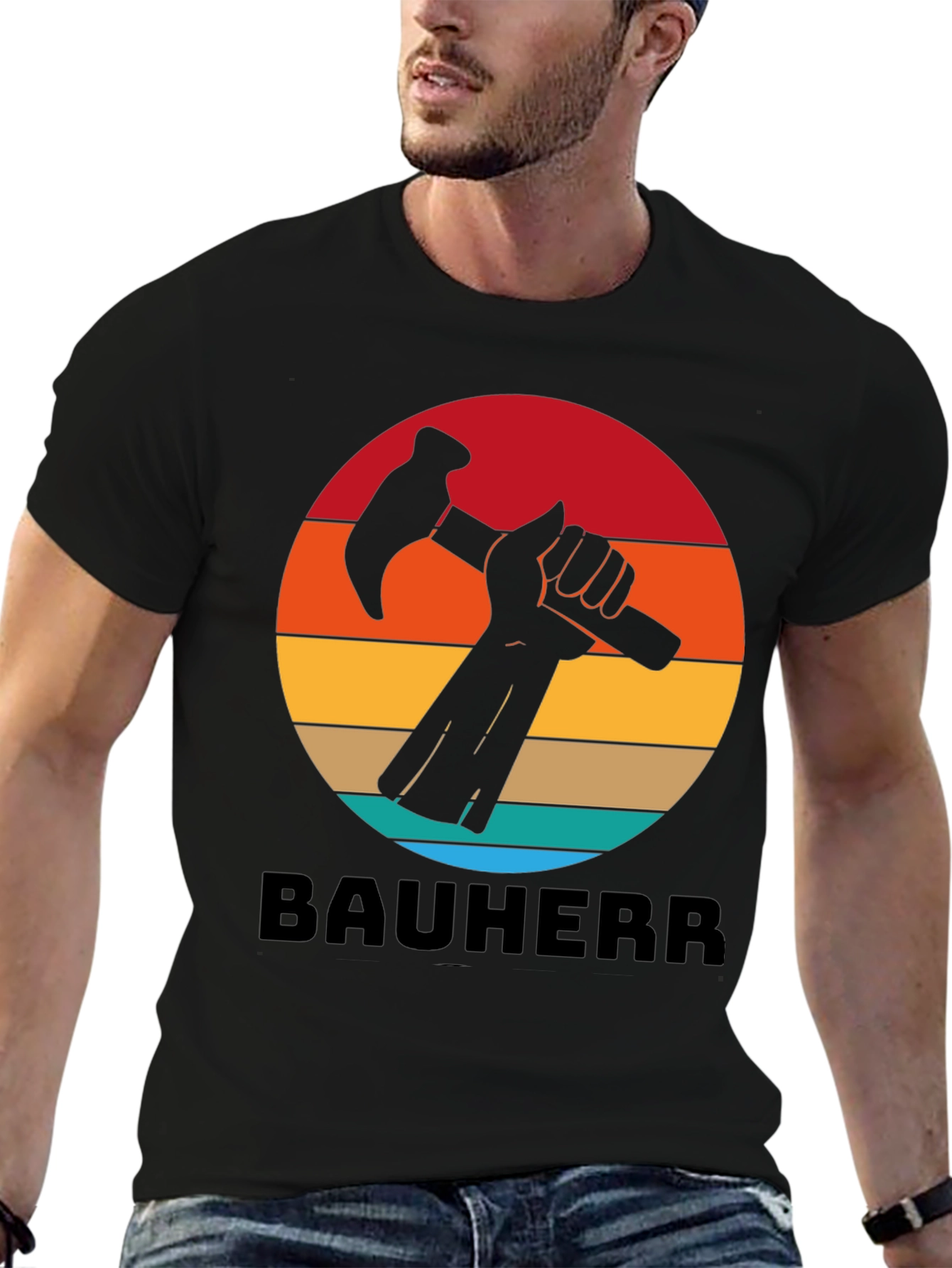 Bauherr T-Shirt - Retro Sunset Hammer Design
