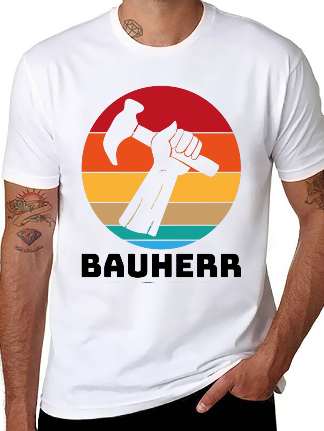 Bauherr T-Shirt - Retro Sunset Hammer Design