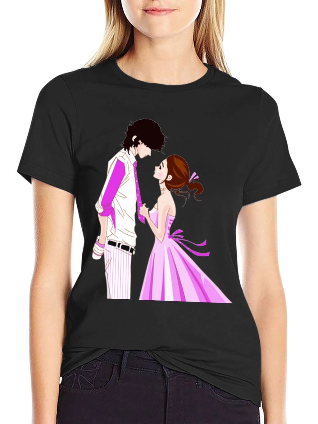Anime Couple Graphic Black T-Shirt