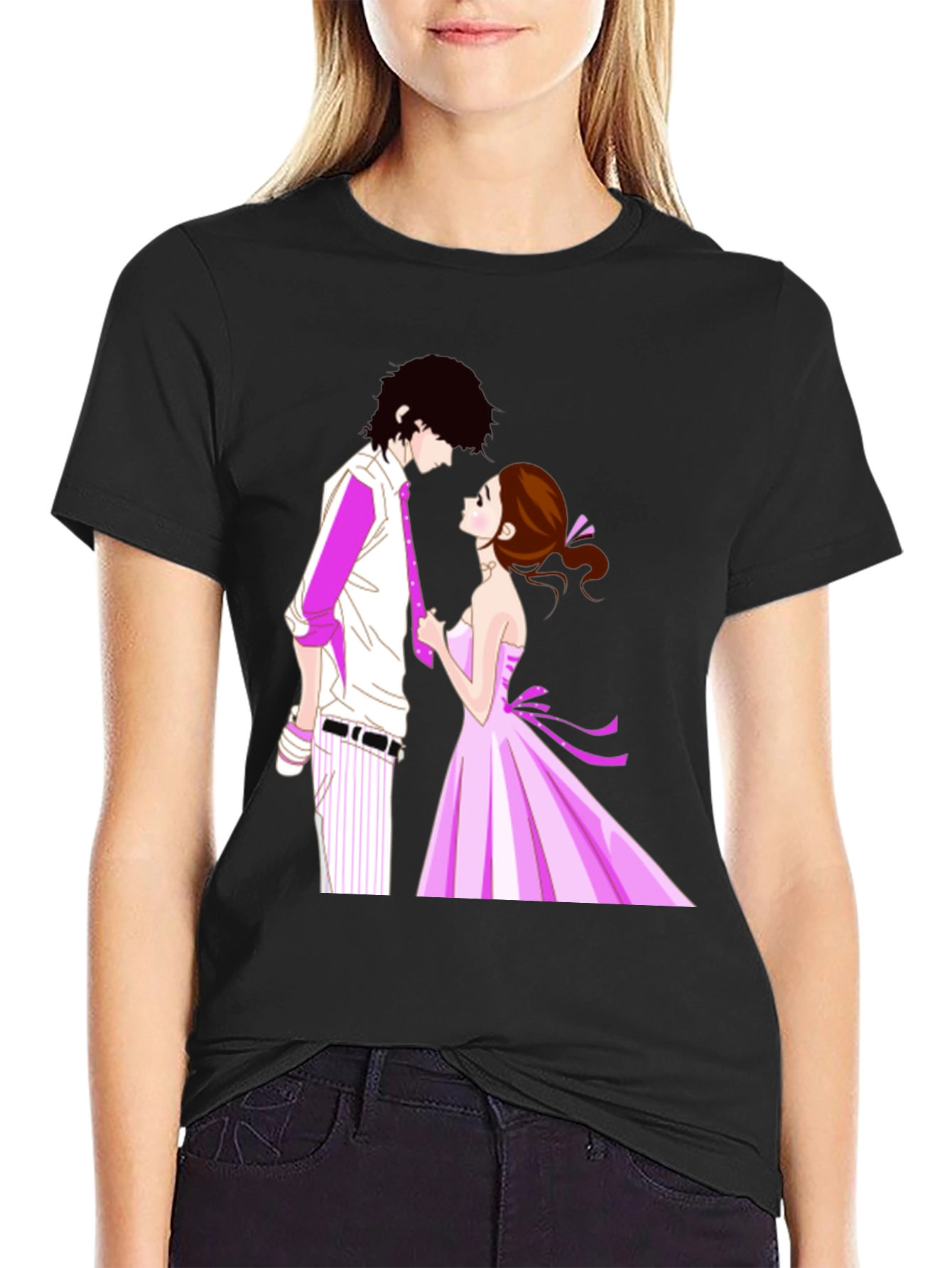 Anime Couple Graphic Black T-Shirt