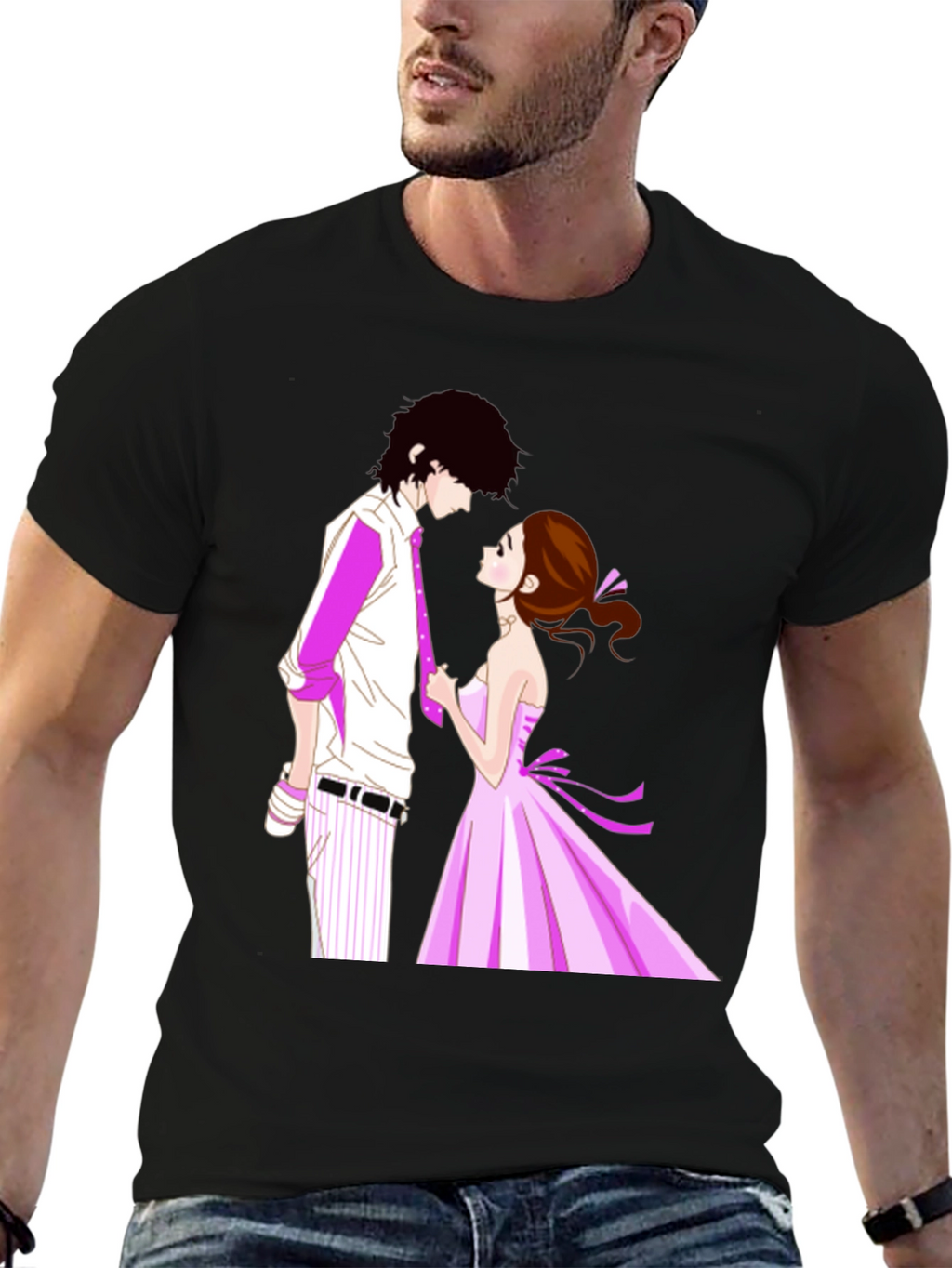 Anime Couple Graphic Black T-Shirt