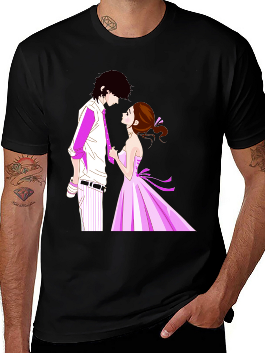 Anime Couple Graphic Black T-Shirt