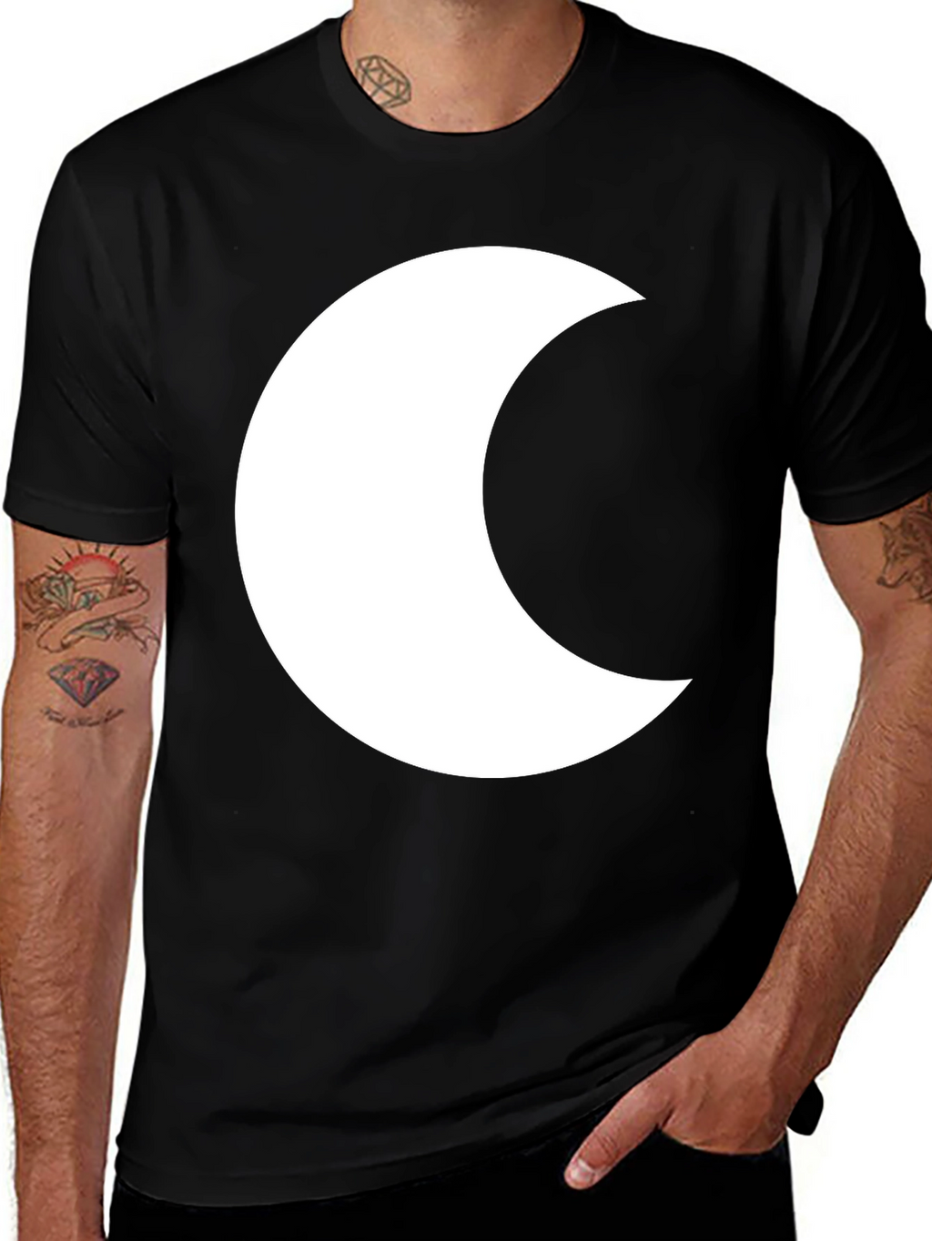 Black T-Shirt with White Crescent Moon Graphic