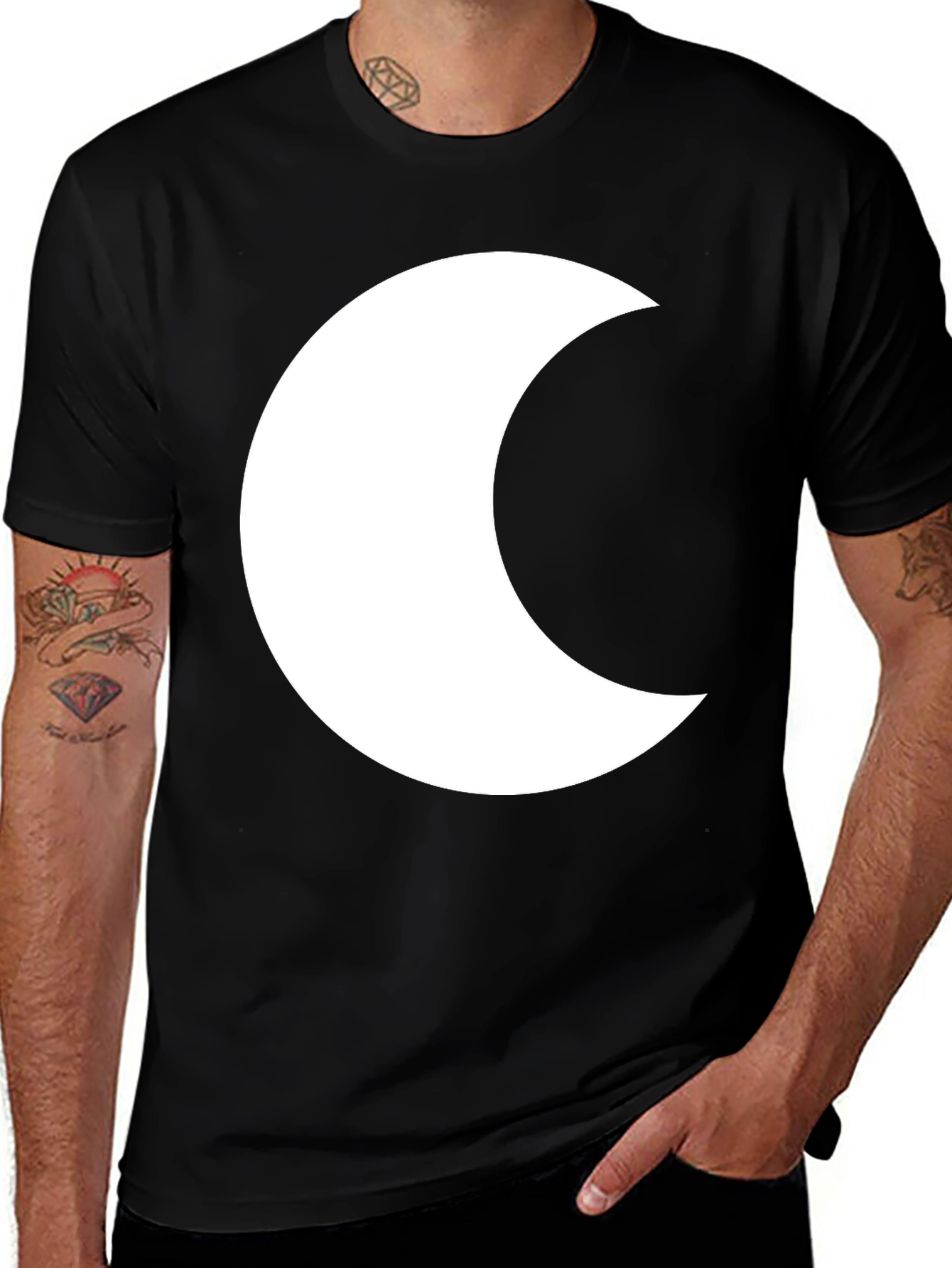 Black T-Shirt with White Crescent Moon Graphic