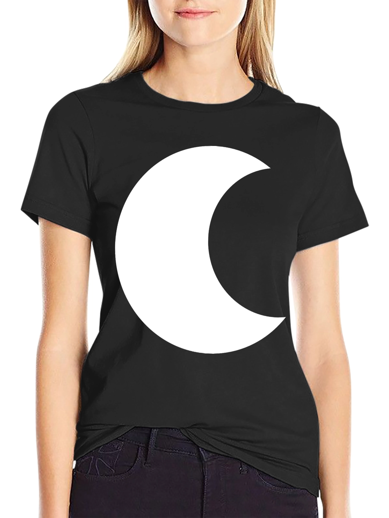 Black T-Shirt with White Crescent Moon Graphic