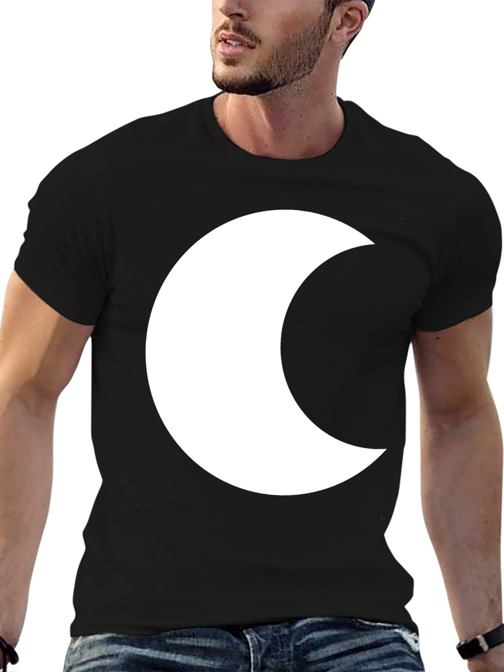 Black T-Shirt with White Crescent Moon Graphic