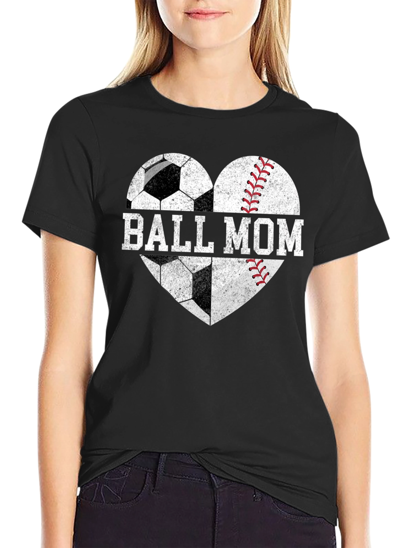 Ball Mom Graphic Tee - Soccer Baseball Heart Design