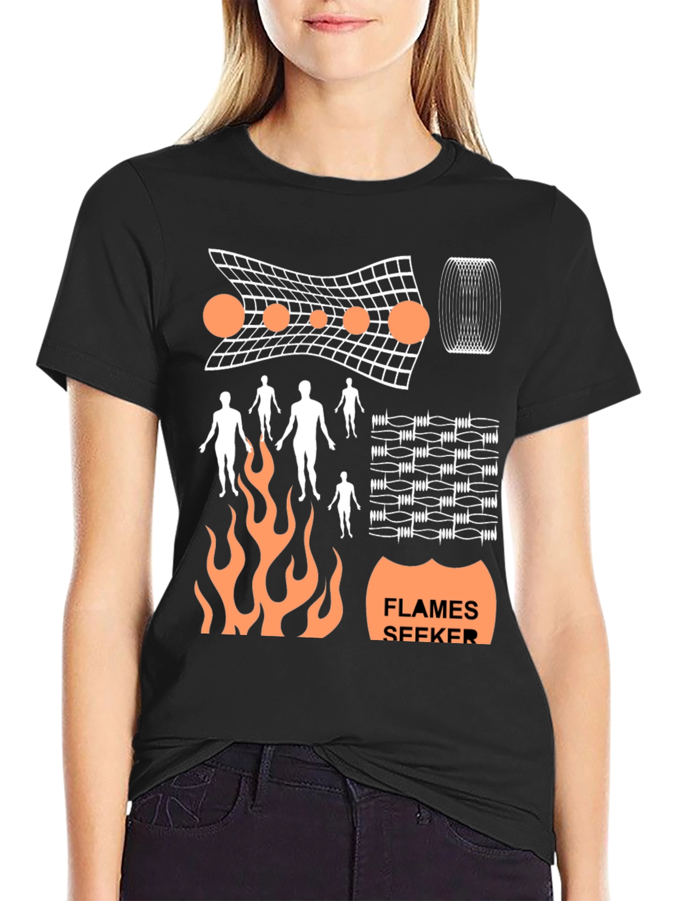 Abstract Graphic Print Tee - Flames Seeker Black T-Shirt