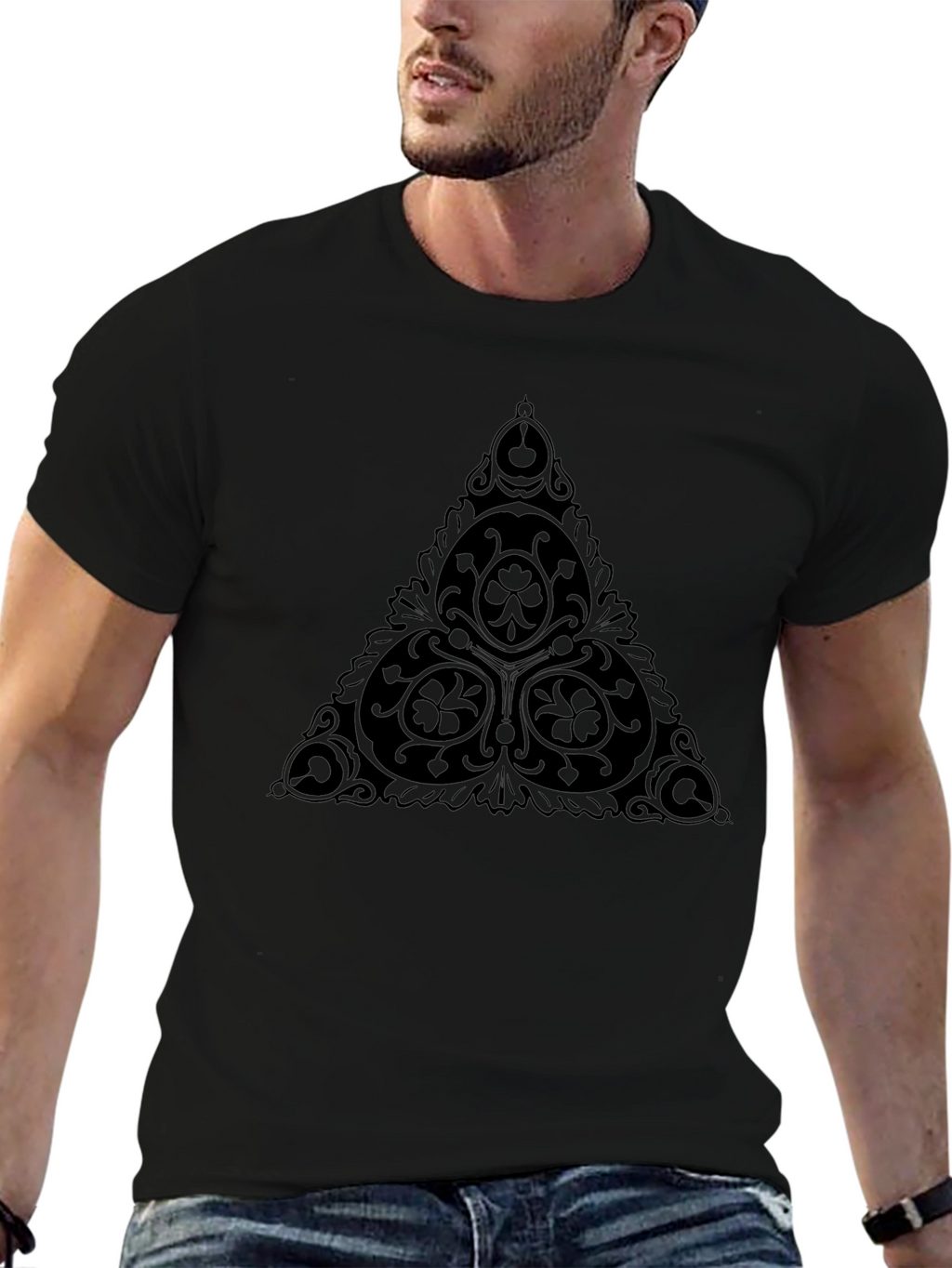 Black T-Shirt with Triangle Clover Graphic