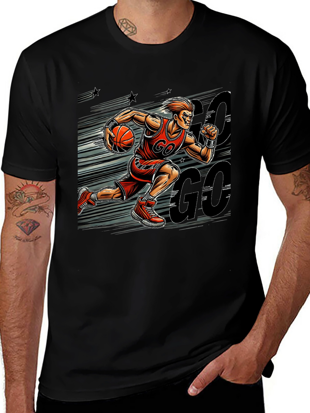Basketball Player GO Graphic Print Black T-Shirt