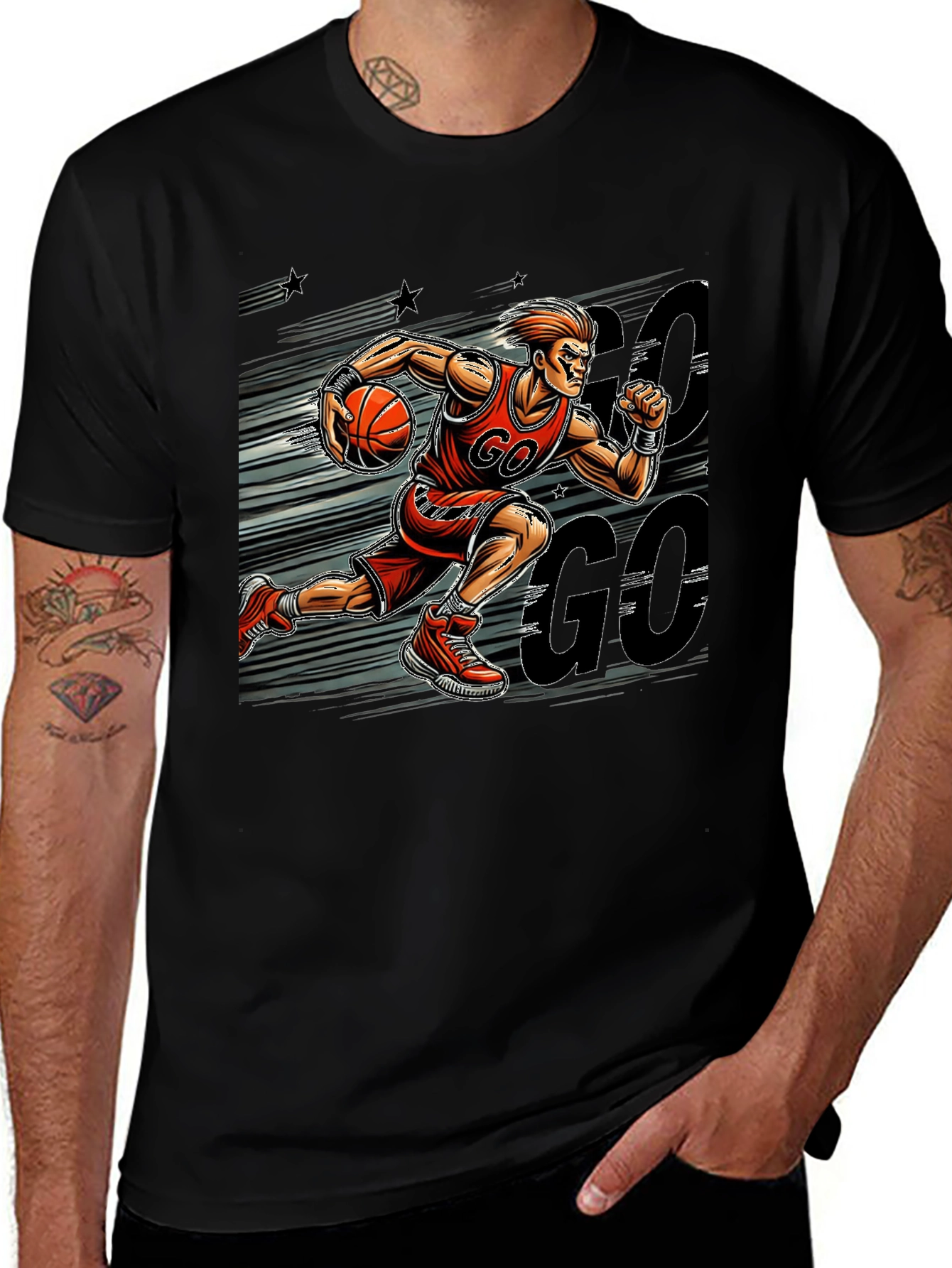 Basketball Player GO Graphic Print Black T-Shirt