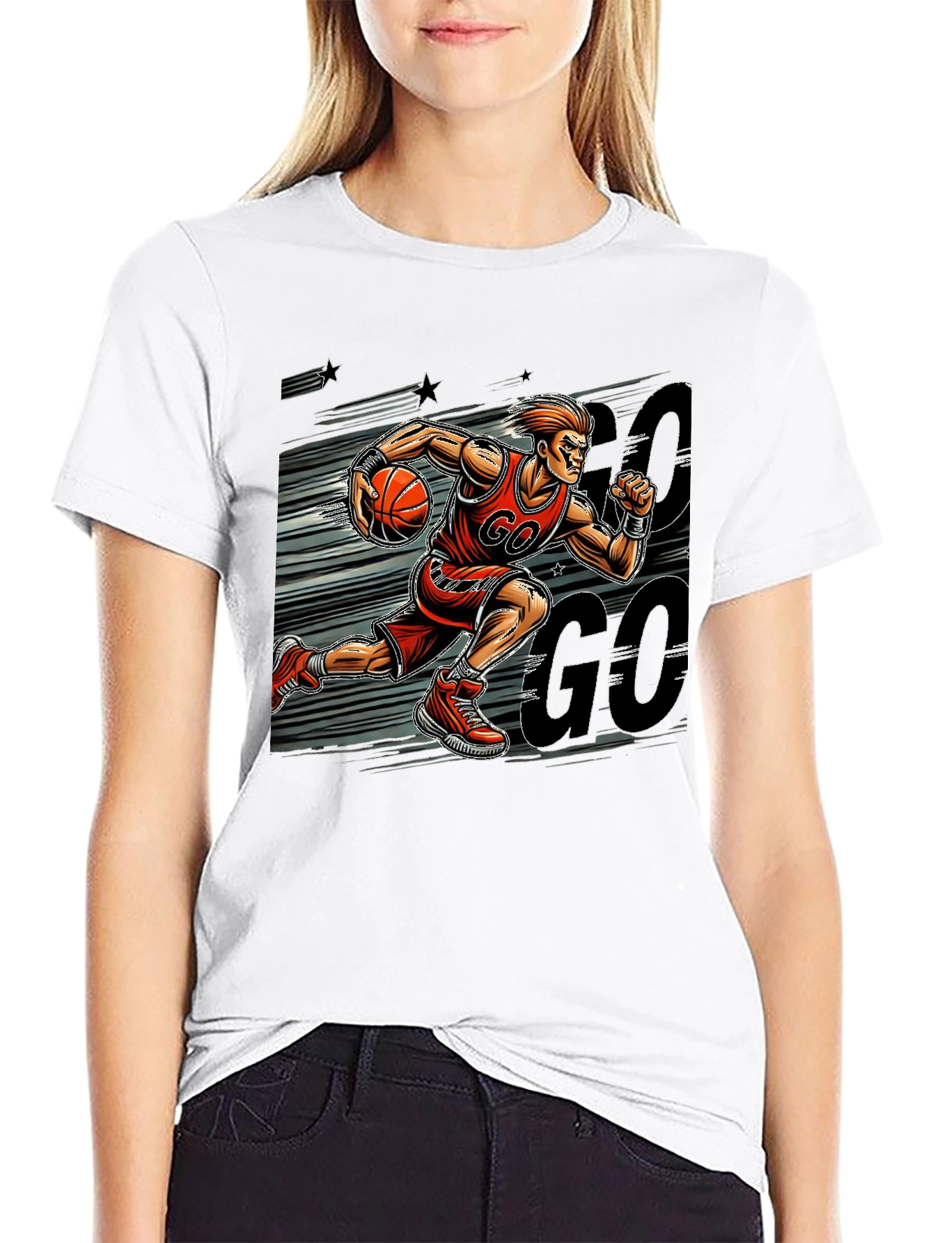 Basketball Player GO Graphic Print Black T-Shirt
